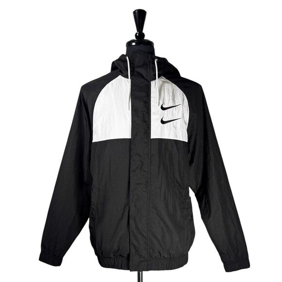 Vintage 90s Nike Double Swoosh Windbreaker Jacket Black Hooded Spell Out Medium - Picture 3 of 10
